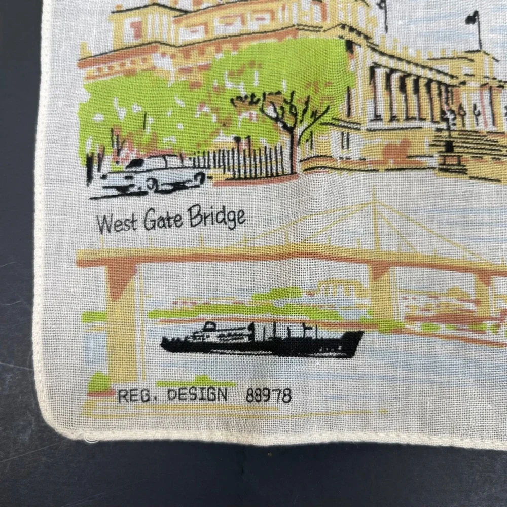 Vintage Melbourne Australia Souvenir Handkerchief Linen Scenic Landmarks 60s 70s